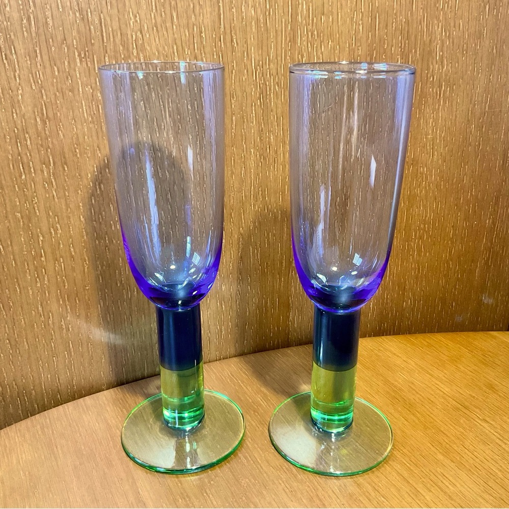 2 MCM Dansk Champagne Flutes ✨ Blue and Green Barware Thick Stem Denmark